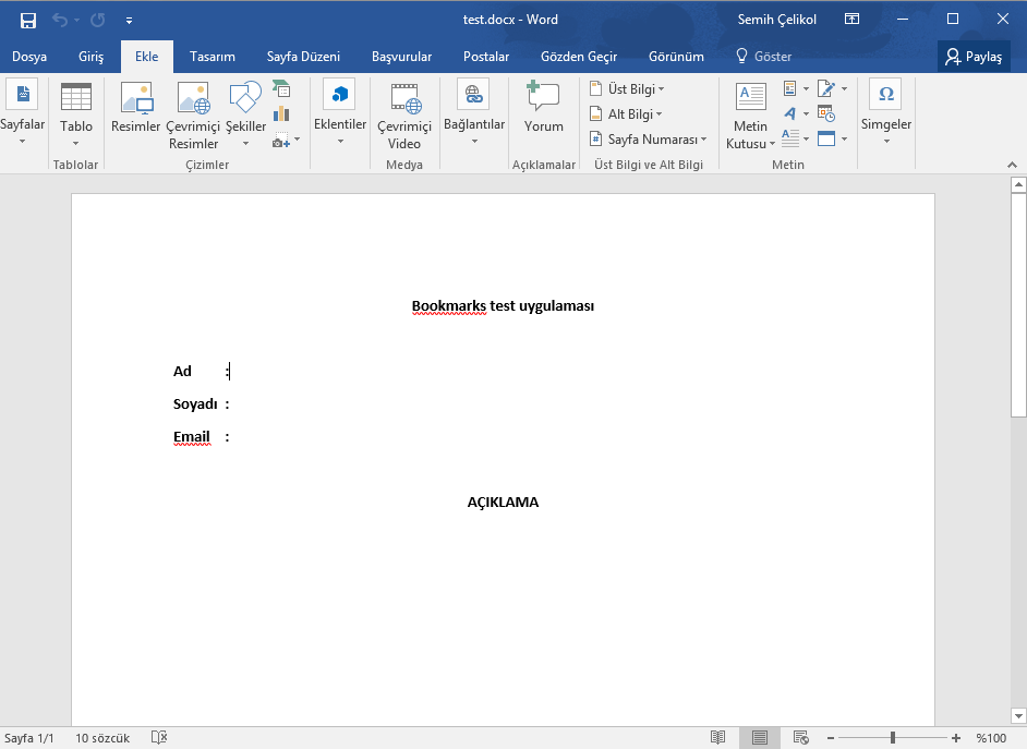 c Bookmarks Word işlemleri Semih Çelikol